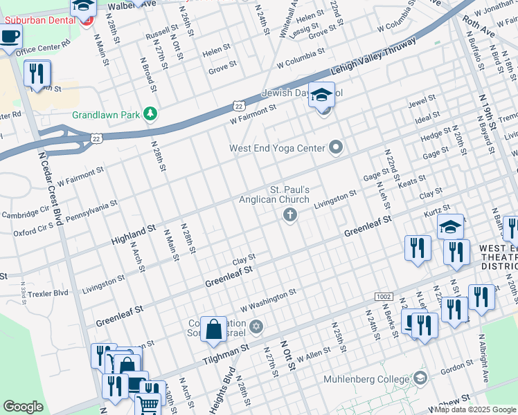 map of restaurants, bars, coffee shops, grocery stores, and more near 1018 North Glenwood Street in Allentown