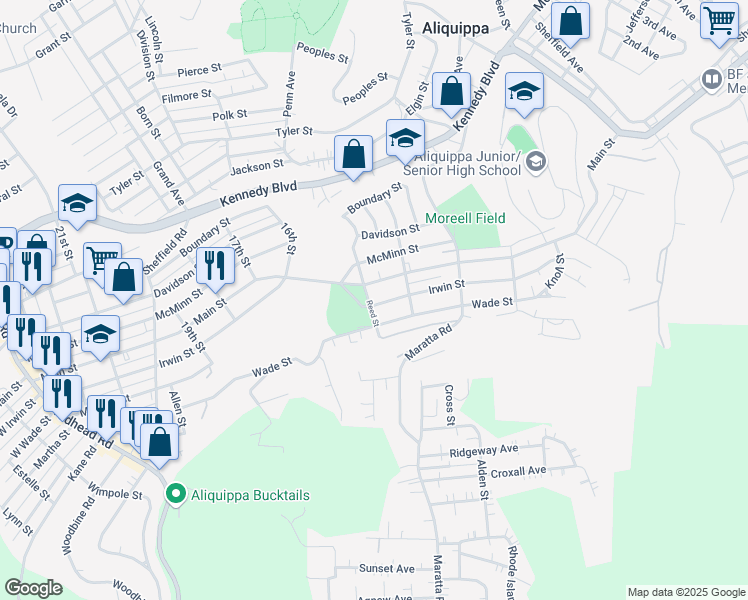 map of restaurants, bars, coffee shops, grocery stores, and more near 1313 Irwin Street in Aliquippa
