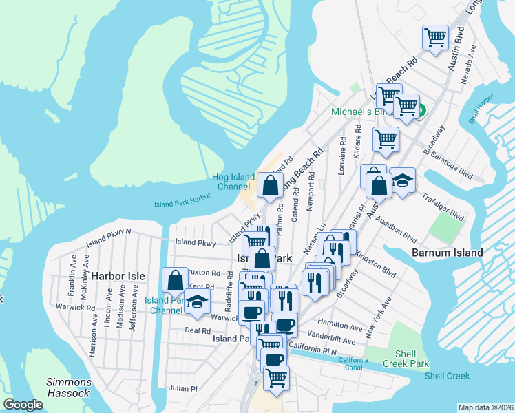 map of restaurants, bars, coffee shops, grocery stores, and more near 8 Island Parkway in Island Park