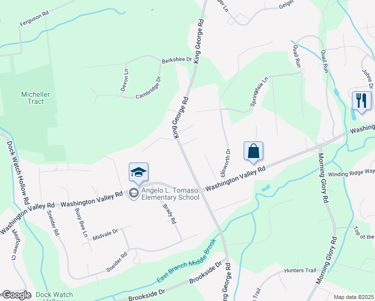 map of restaurants, bars, coffee shops, grocery stores, and more near 68 King George Road in Warren