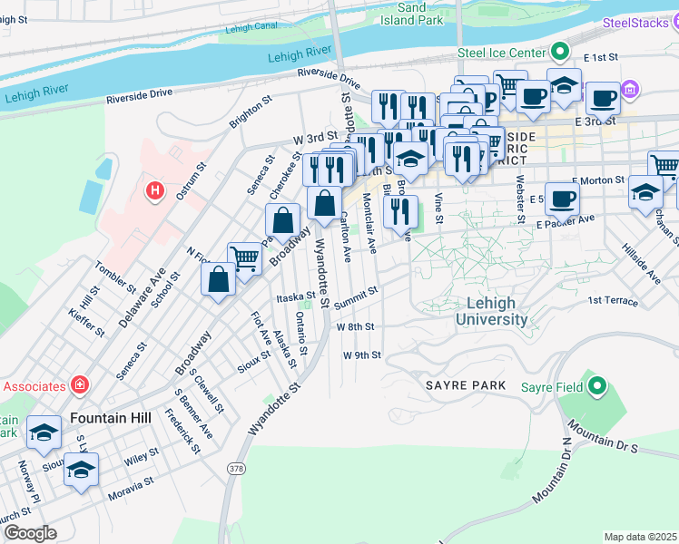 map of restaurants, bars, coffee shops, grocery stores, and more near 522 Hess Street in Bethlehem