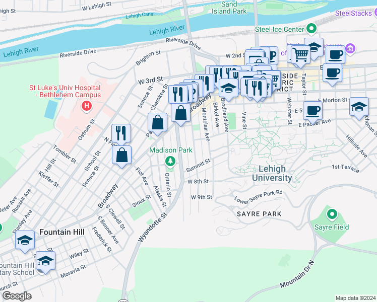 map of restaurants, bars, coffee shops, grocery stores, and more near 522 Hess Street in Bethlehem