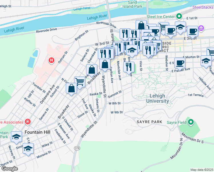 map of restaurants, bars, coffee shops, grocery stores, and more near 615 Wyandotte Street in Bethlehem