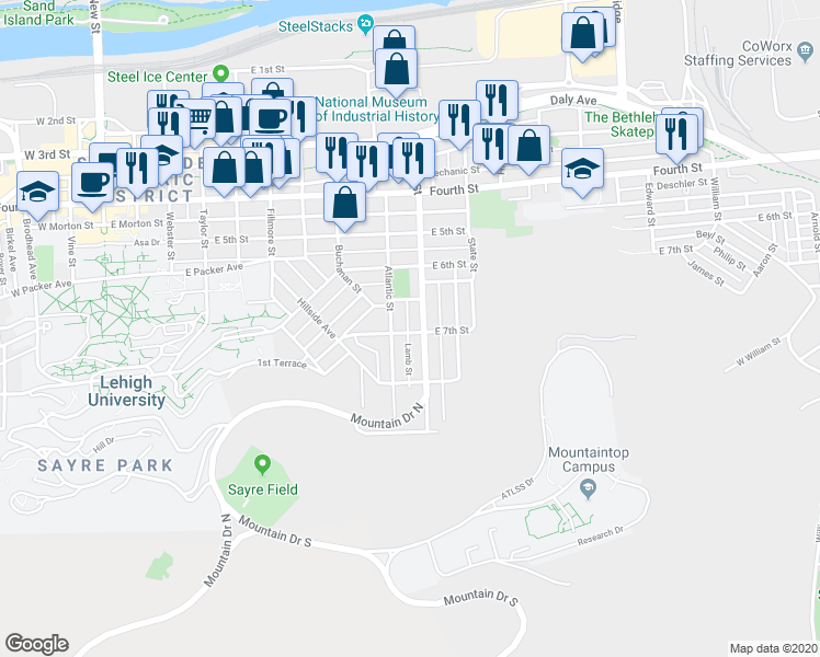 map of restaurants, bars, coffee shops, grocery stores, and more near 813 East 7th Street in Bethlehem