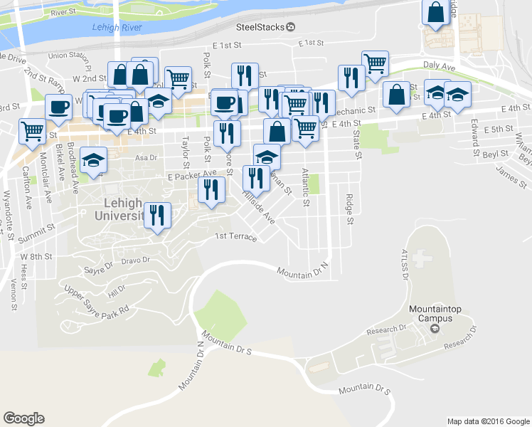 map of restaurants, bars, coffee shops, grocery stores, and more near 631 Hillside Avenue in Bethlehem