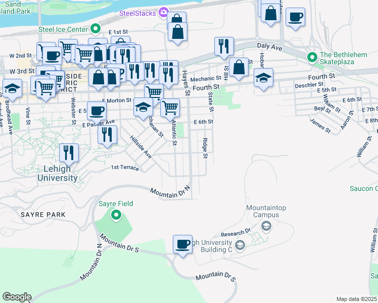 map of restaurants, bars, coffee shops, grocery stores, and more near 684 Hayes Street in Bethlehem