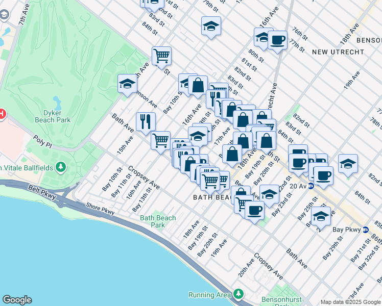 map of restaurants, bars, coffee shops, grocery stores, and more near 130 Bay 14th Street in Brooklyn