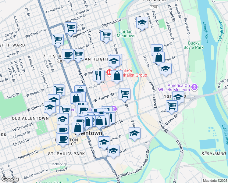 map of restaurants, bars, coffee shops, grocery stores, and more near 435 West Turner Street in Allentown