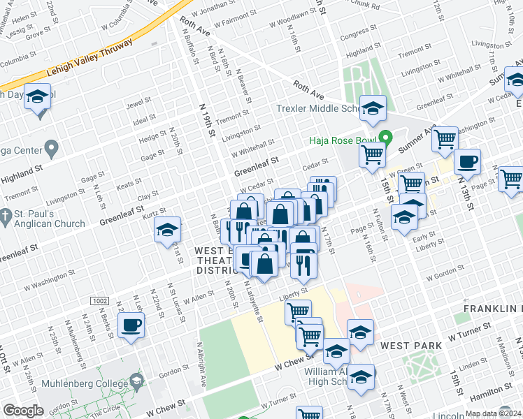 map of restaurants, bars, coffee shops, grocery stores, and more near 1838 West Washington Street in Allentown