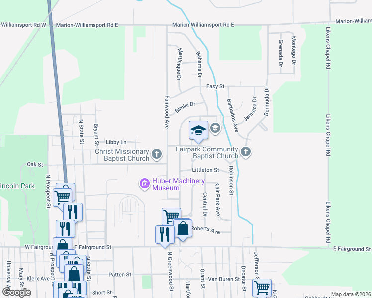 map of restaurants, bars, coffee shops, grocery stores, and more near 1049 Robinson Street in Marion