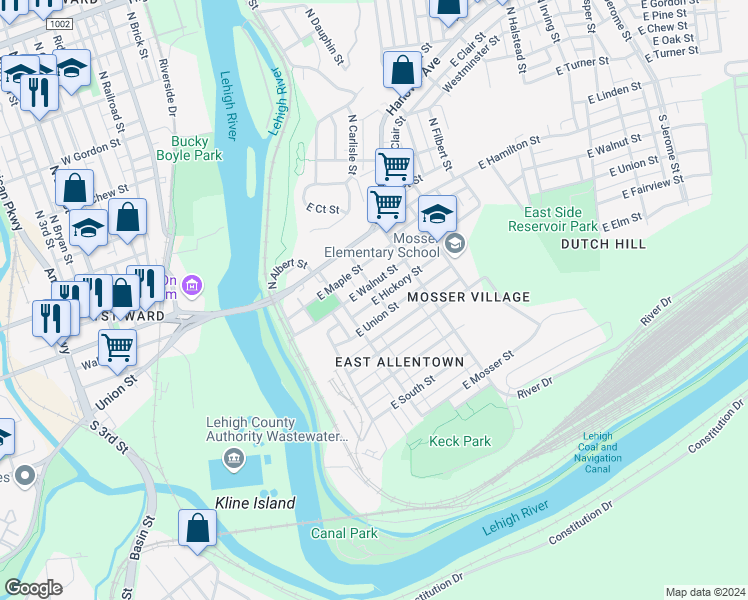 map of restaurants, bars, coffee shops, grocery stores, and more near 116 South Brook Street in Allentown