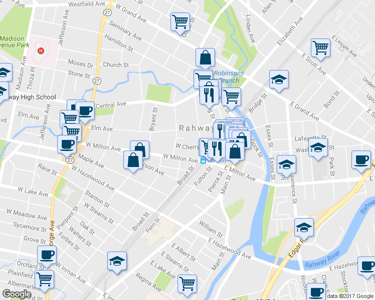 map of restaurants, bars, coffee shops, grocery stores, and more near 84 West Cherry Street in Rahway