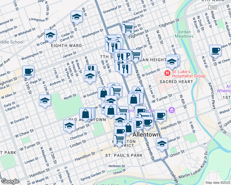 map of restaurants, bars, coffee shops, grocery stores, and more near 325 North 8th Street in Allentown