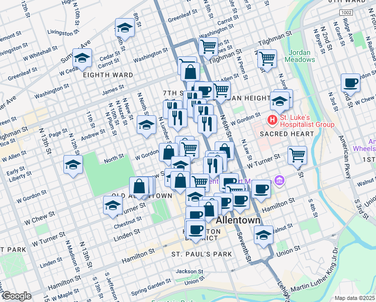 map of restaurants, bars, coffee shops, grocery stores, and more near 319 North Eighth Street in Allentown