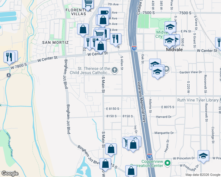 map of restaurants, bars, coffee shops, grocery stores, and more near 7923 South Main Street in Midvale