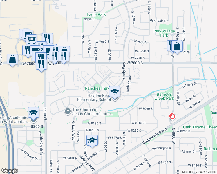 map of restaurants, bars, coffee shops, grocery stores, and more near 5203 Swift Water Way in West Jordan