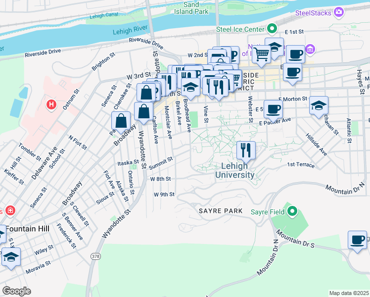 map of restaurants, bars, coffee shops, grocery stores, and more near 204 Summit Street in Bethlehem