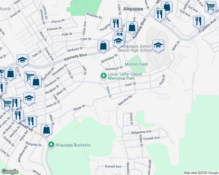 map of restaurants, bars, coffee shops, grocery stores, and more near 1313 Irwin Street in Aliquippa