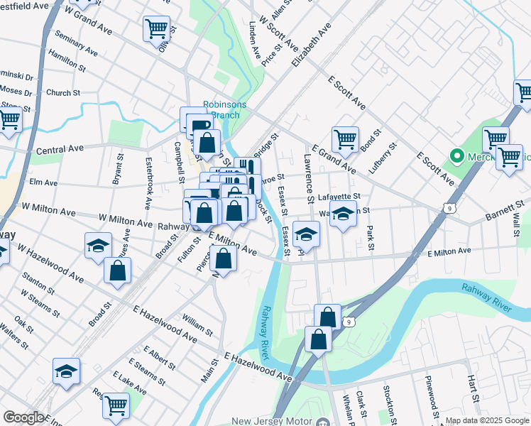 map of restaurants, bars, coffee shops, grocery stores, and more near Dock Street in Rahway