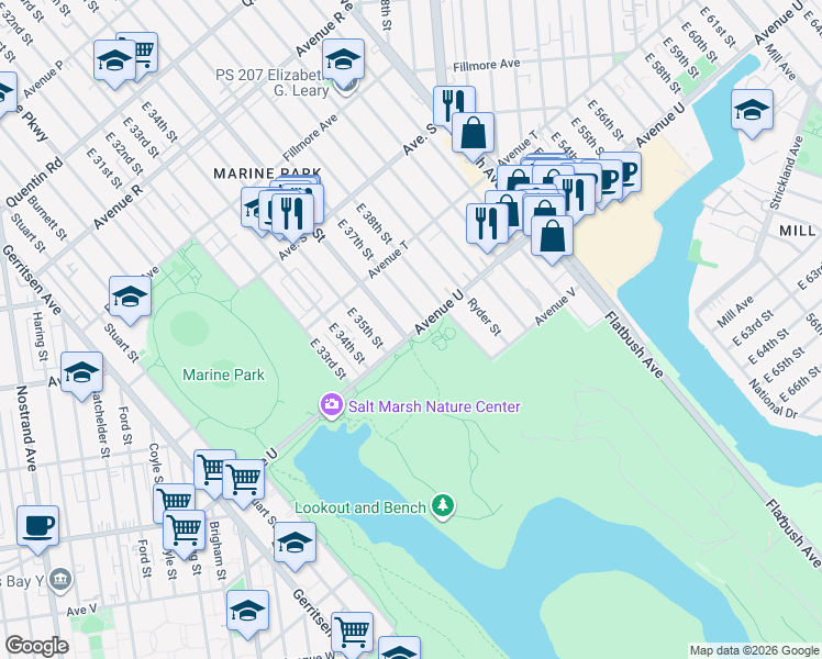 map of restaurants, bars, coffee shops, grocery stores, and more near 3601 Avenue U in Brooklyn