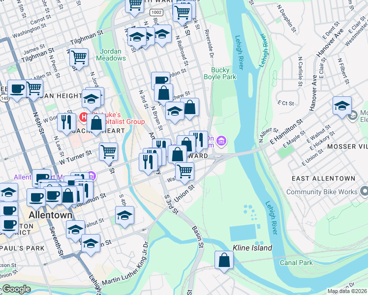 map of restaurants, bars, coffee shops, grocery stores, and more near 135-143 West Court Street in Allentown