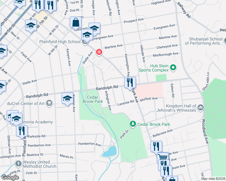 map of restaurants, bars, coffee shops, grocery stores, and more near 1217-19 Cameron Avenue in Plainfield