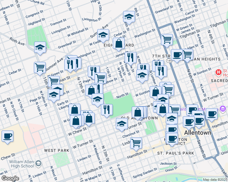 map of restaurants, bars, coffee shops, grocery stores, and more near 1108 Liberty Street in Allentown