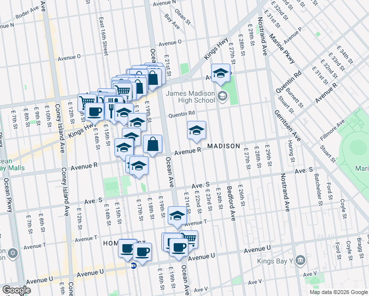 map of restaurants, bars, coffee shops, grocery stores, and more near 2103 Avenue R in Brooklyn