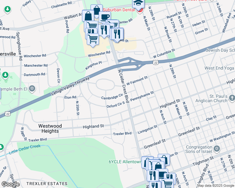 map of restaurants, bars, coffee shops, grocery stores, and more near 3205 Cambridge Circle in Allentown