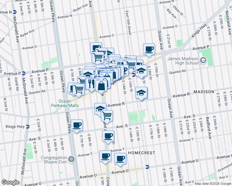 map of restaurants, bars, coffee shops, grocery stores, and more near 1746 East 13th Street in Brooklyn