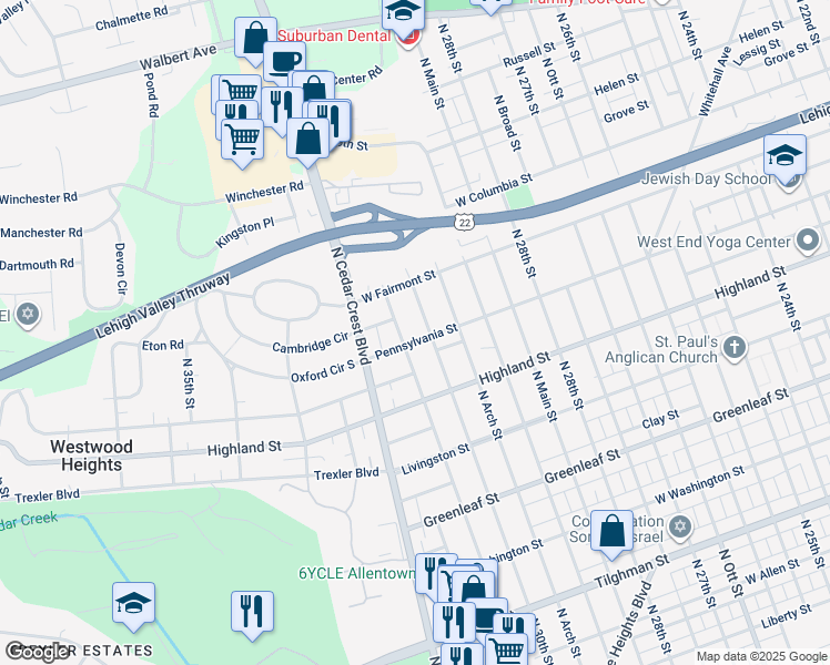 map of restaurants, bars, coffee shops, grocery stores, and more near 3011 Pennsylvania Street in Allentown