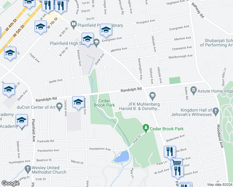 map of restaurants, bars, coffee shops, grocery stores, and more near 101 Randolph Road in Plainfield