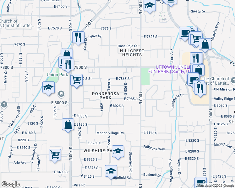 map of restaurants, bars, coffee shops, grocery stores, and more near 888 East 7945 South in Sandy
