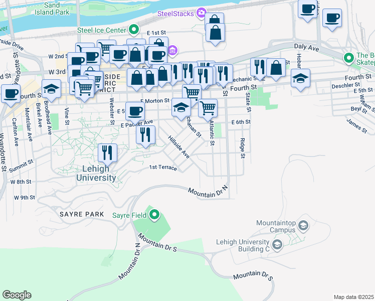 map of restaurants, bars, coffee shops, grocery stores, and more near 508 Selfridge Street in Bethlehem