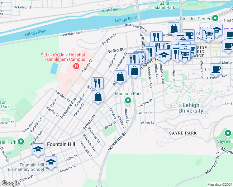 map of restaurants, bars, coffee shops, grocery stores, and more near 634 Broadway in Bethlehem