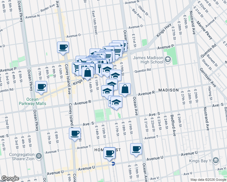 map of restaurants, bars, coffee shops, grocery stores, and more near 1771 East 17th Street in Brooklyn