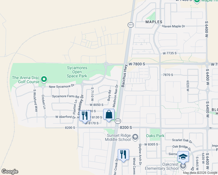map of restaurants, bars, coffee shops, grocery stores, and more near 7011 West Saw Timber Way in West Jordan