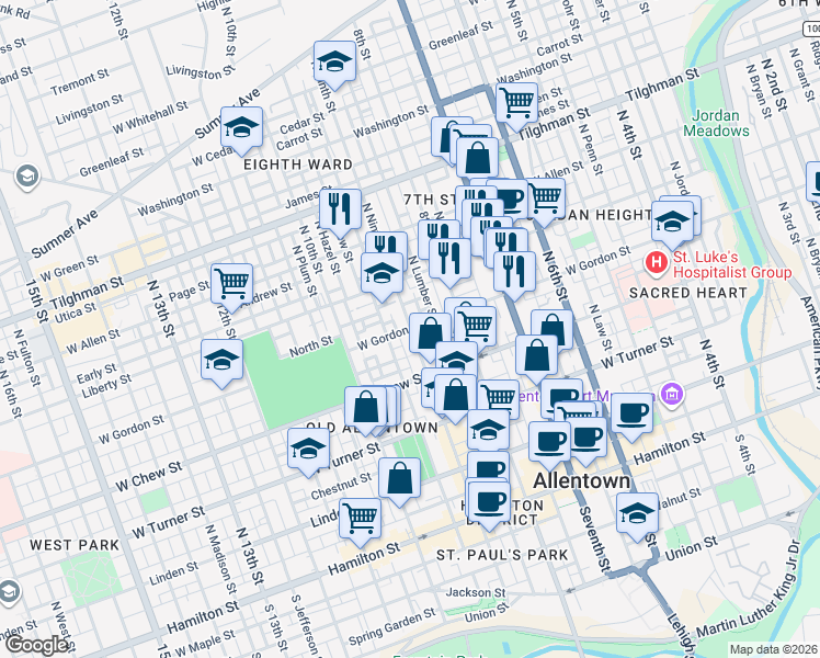 map of restaurants, bars, coffee shops, grocery stores, and more near W Gordon St & N 9th St in Allentown