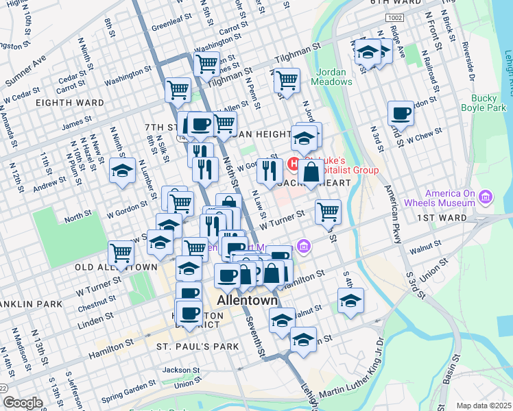 map of restaurants, bars, coffee shops, grocery stores, and more near 236 North Law Street in Allentown
