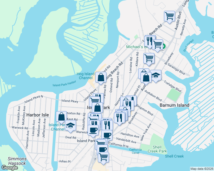 map of restaurants, bars, coffee shops, grocery stores, and more near 108 Parma Road in Island Park