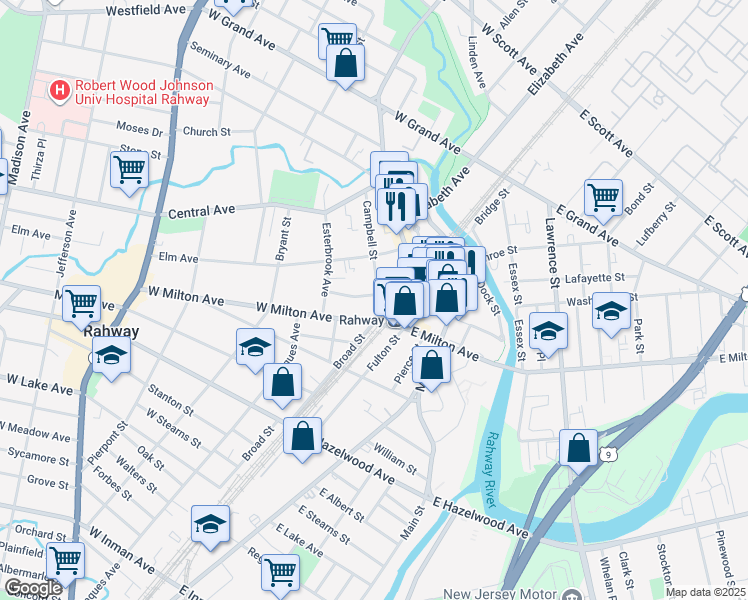 map of restaurants, bars, coffee shops, grocery stores, and more near 40 East Milton Avenue in Rahway