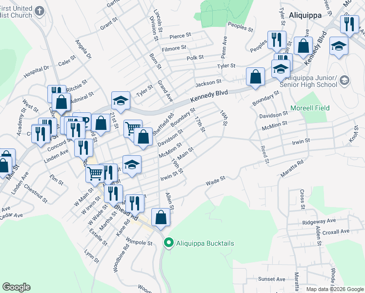 map of restaurants, bars, coffee shops, grocery stores, and more near 1804 Main Street in Aliquippa