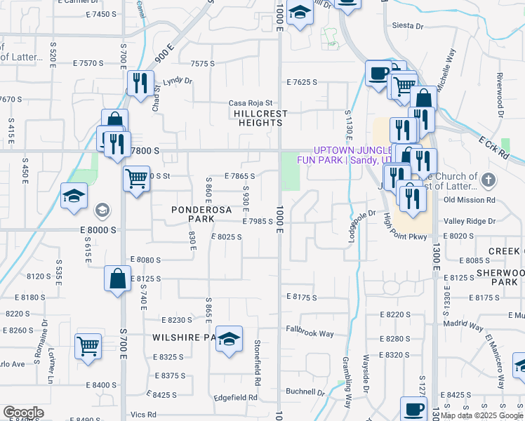 map of restaurants, bars, coffee shops, grocery stores, and more near 953 Cedar Terrace Drive in Sandy