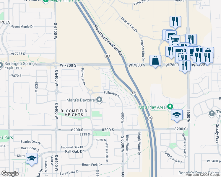 map of restaurants, bars, coffee shops, grocery stores, and more near 6053 7940 South in West Jordan