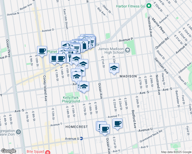 map of restaurants, bars, coffee shops, grocery stores, and more near 2258 Ocean Avenue in Brooklyn