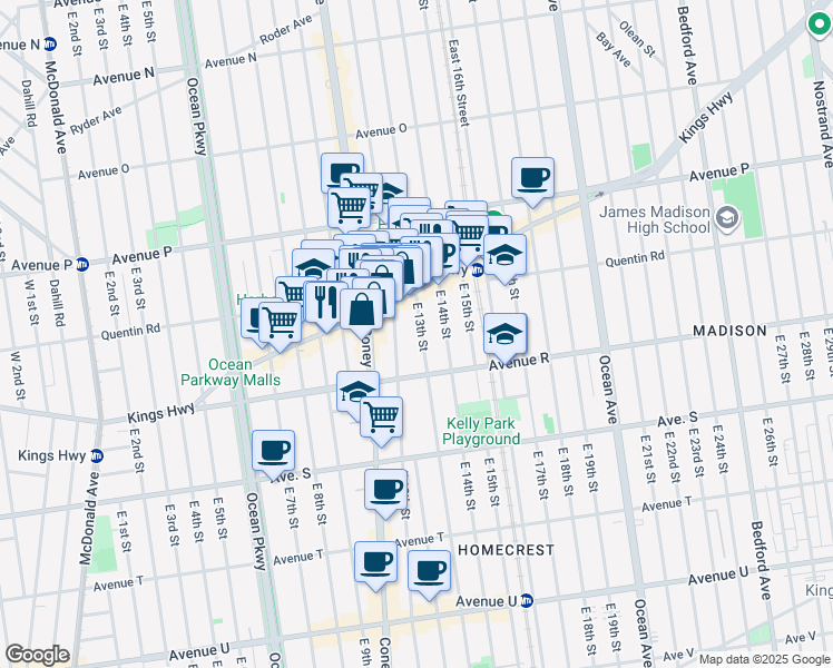 map of restaurants, bars, coffee shops, grocery stores, and more near 1761 East 12th Street in Brooklyn