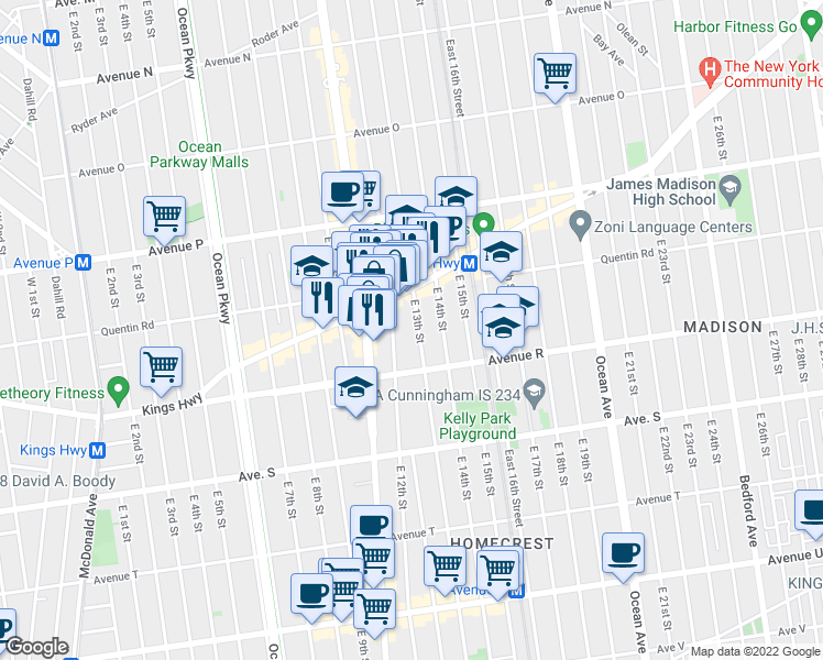 map of restaurants, bars, coffee shops, grocery stores, and more near 1761 East 12th Street in Brooklyn