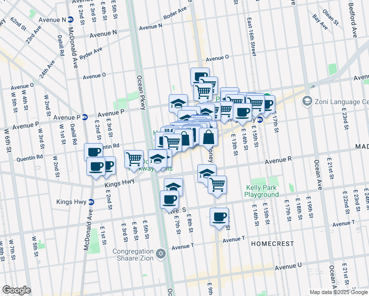 map of restaurants, bars, coffee shops, grocery stores, and more near 902 Kings Highway in Brooklyn