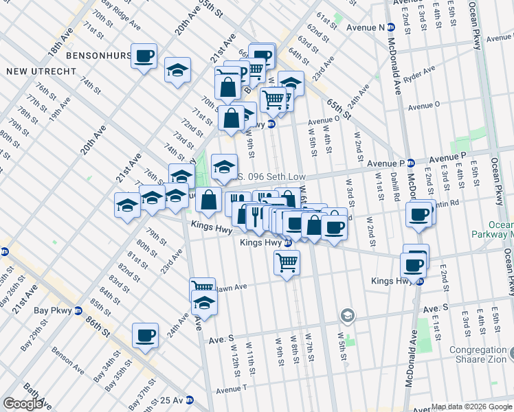 map of restaurants, bars, coffee shops, grocery stores, and more near 1647 West 10th Street in Brooklyn