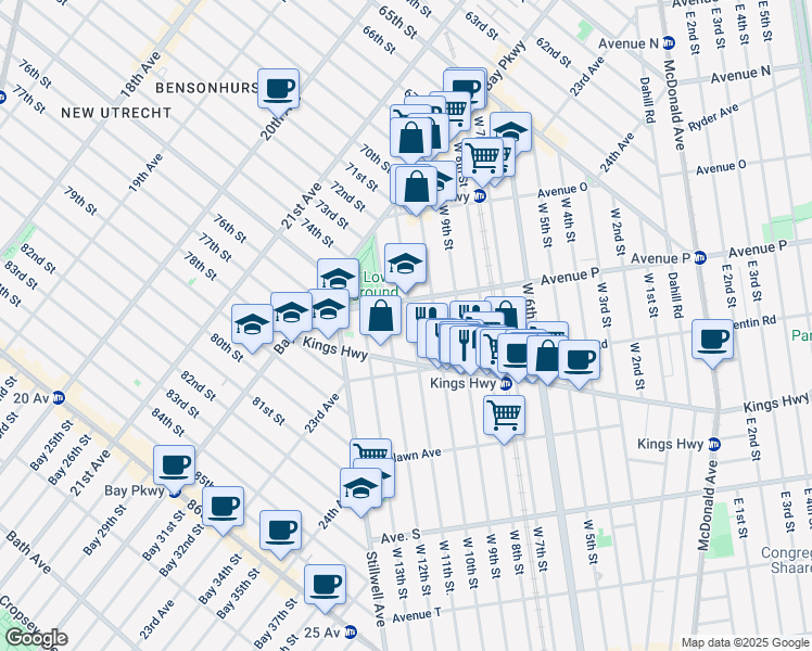 map of restaurants, bars, coffee shops, grocery stores, and more near 1638 West 11th Street in Brooklyn
